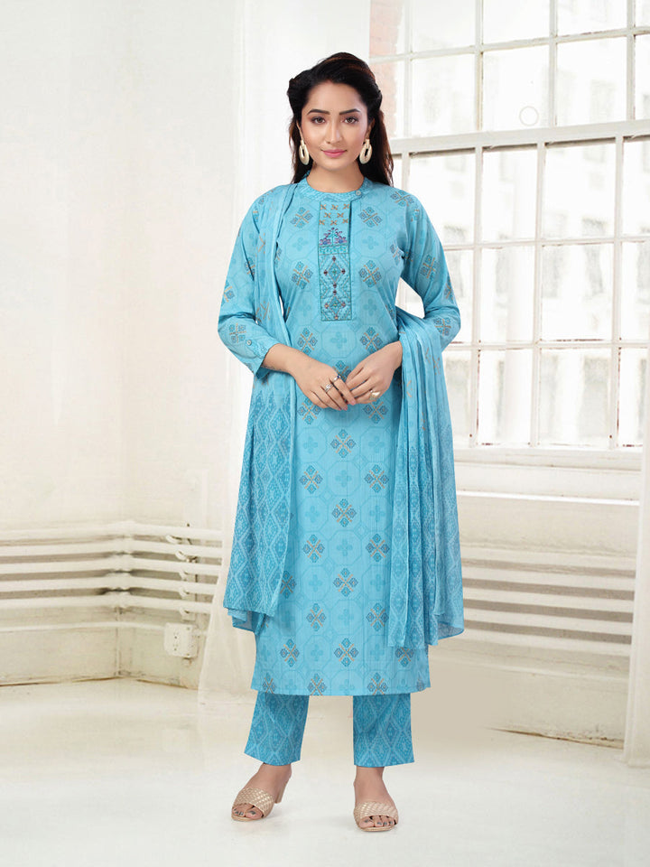 Blue Printed & Embroidered Kurta Set
