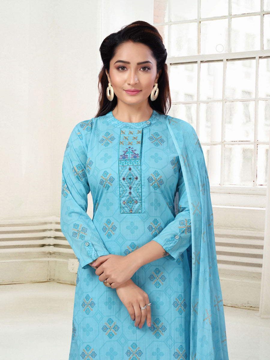 Blue Printed & Embroidered Kurta Set