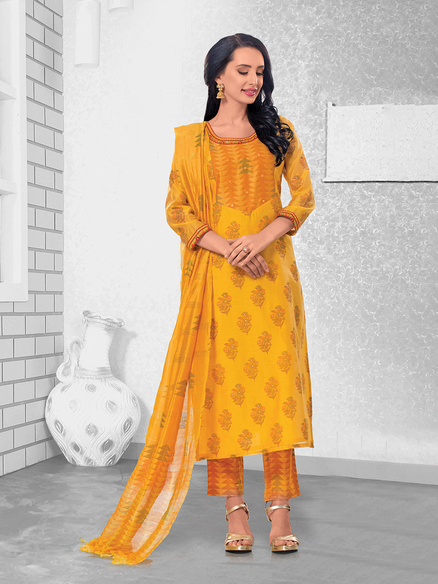 Yellow Printed Chanderi Kurta Set with Dupatta
