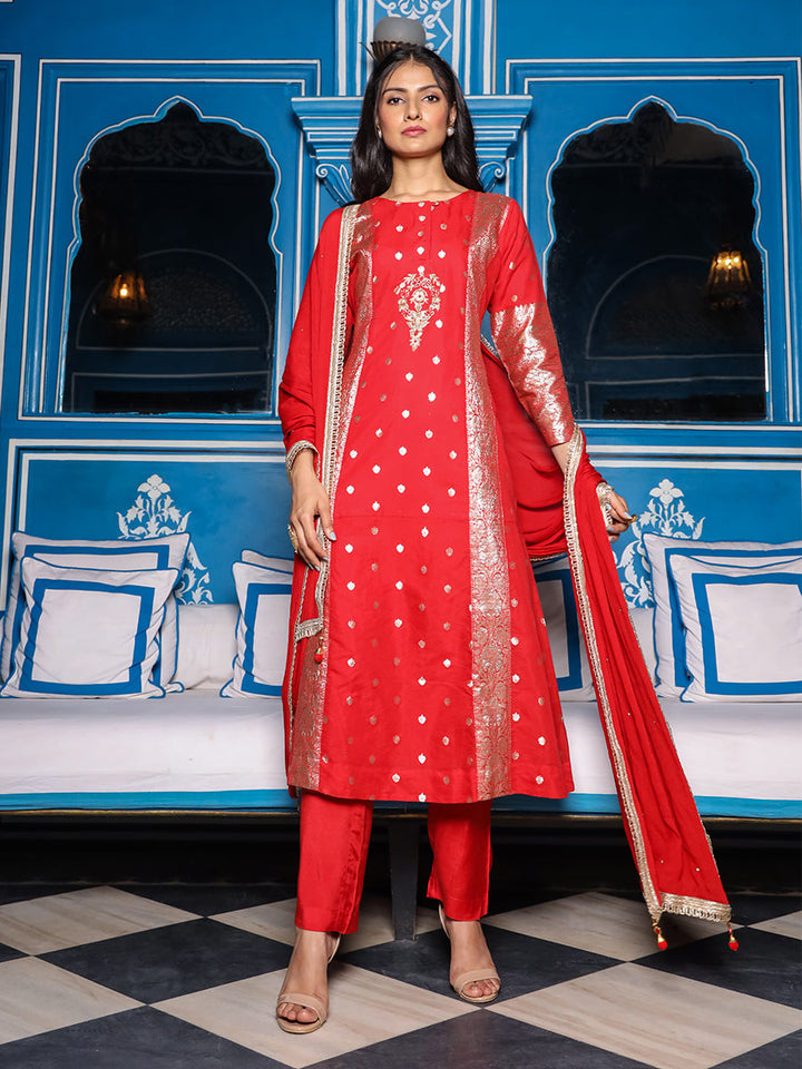 Jacquard Kurta Set with Dupatta - Red - Dressline Fashion