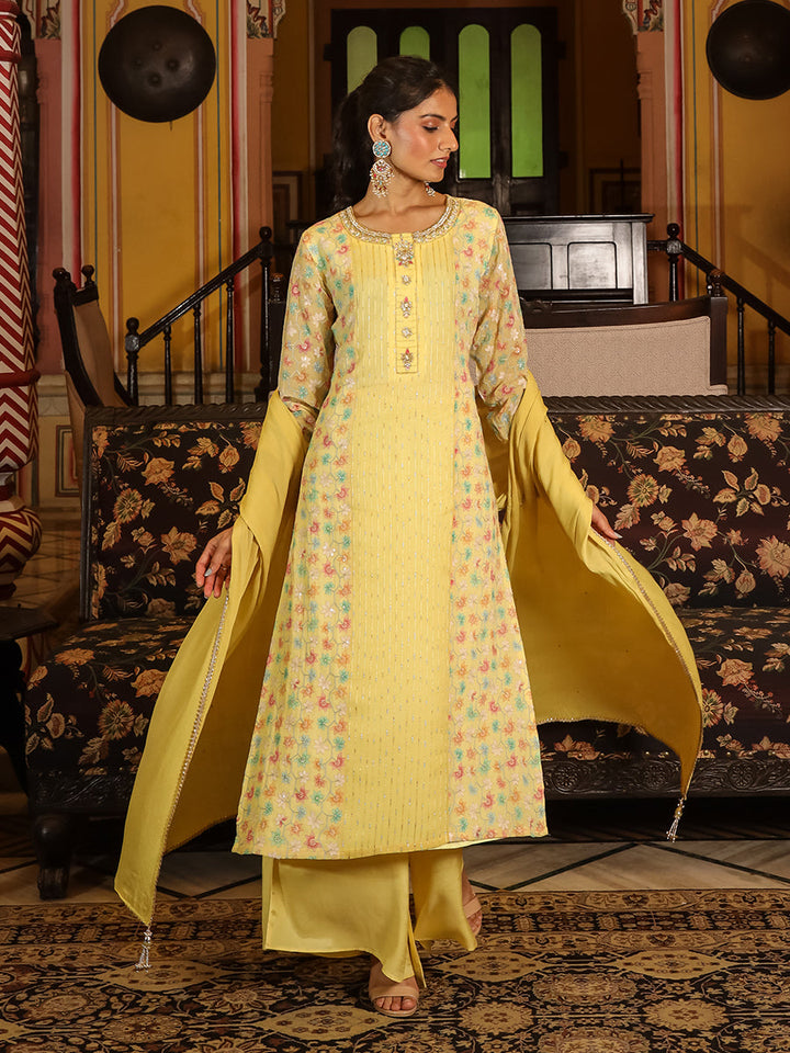 Floral Printed Kurta Set with Dupatta - Yellow - Dressline Fashion
