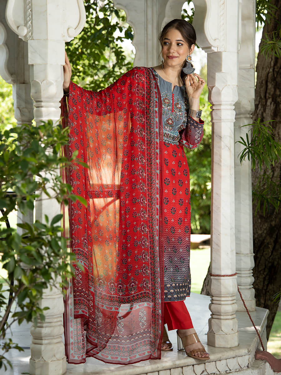 Women wearing red kurti and pant set