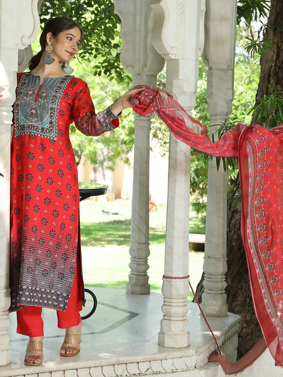 Women wearing red kurti and pant set