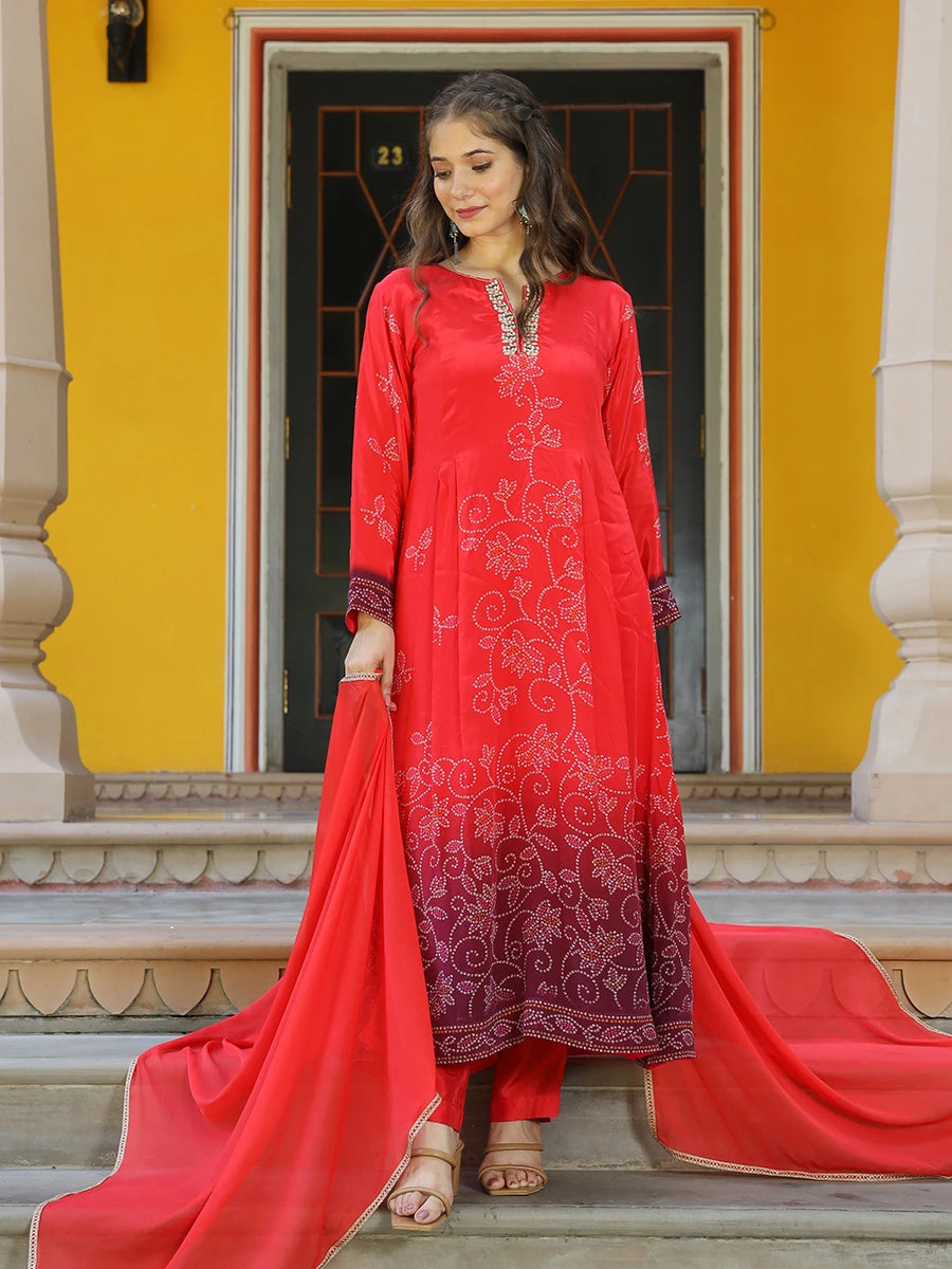 Women wearing Shaded Bandhani Kurta Set with Dupatta