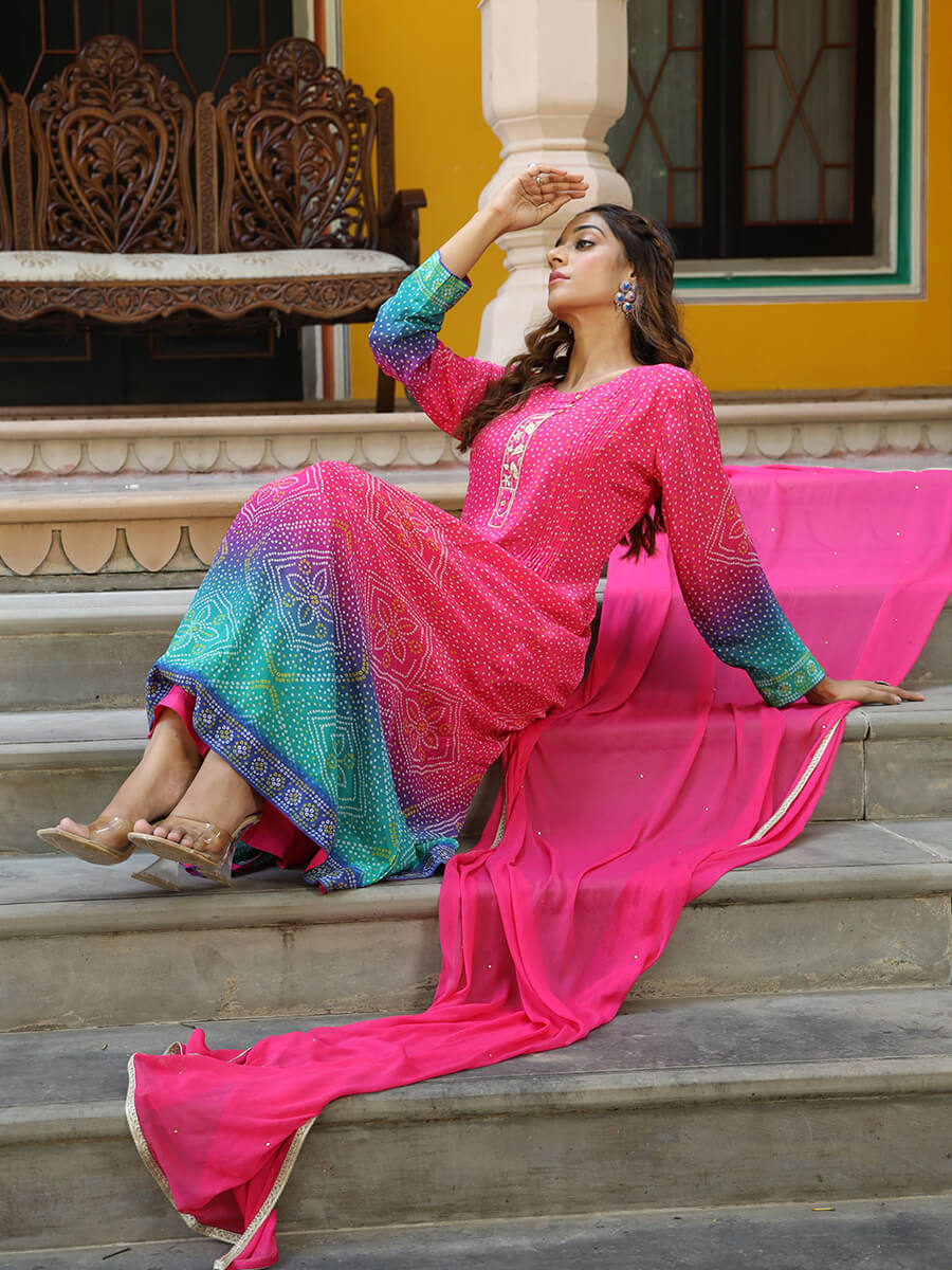 Women wearing Pink Shaded Bandhani Kurta Set with Dupatta