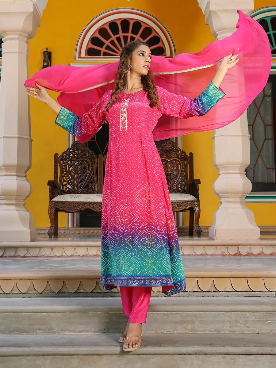 Women wearing Pink Shaded Bandhani Kurta Set with Dupatta