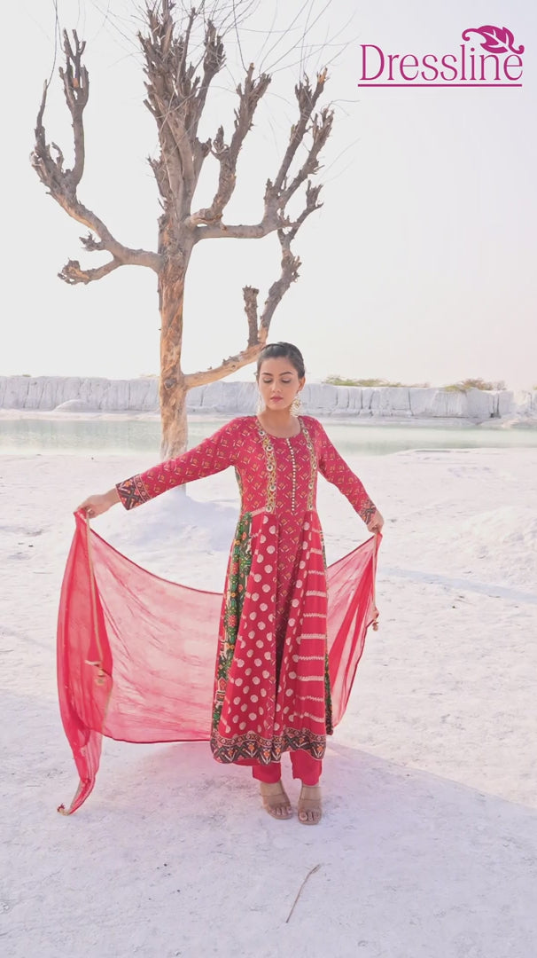 Red Colored Georgette Anarkali Suit With Dupatta - Anarkali
