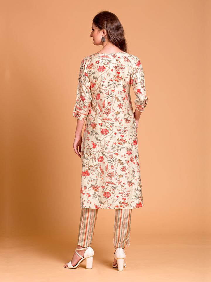 Cream Floral Print Kurta Set