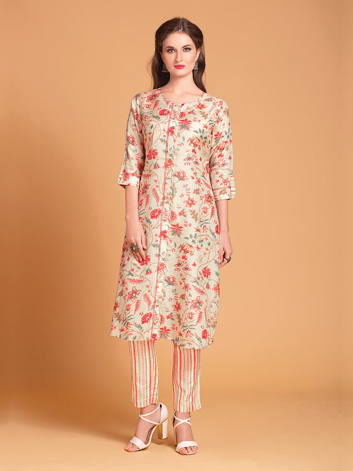 Cream Floral Print Kurta Set - Dressline Fashion