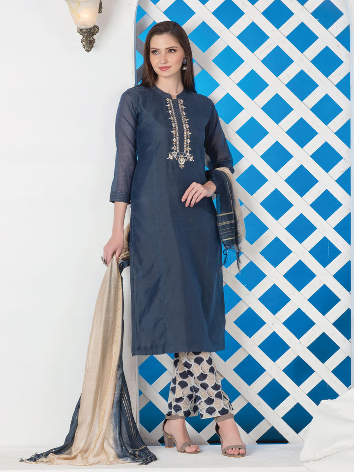 Blue Chanderi Embroidered Kurta with Pant & Dupatta