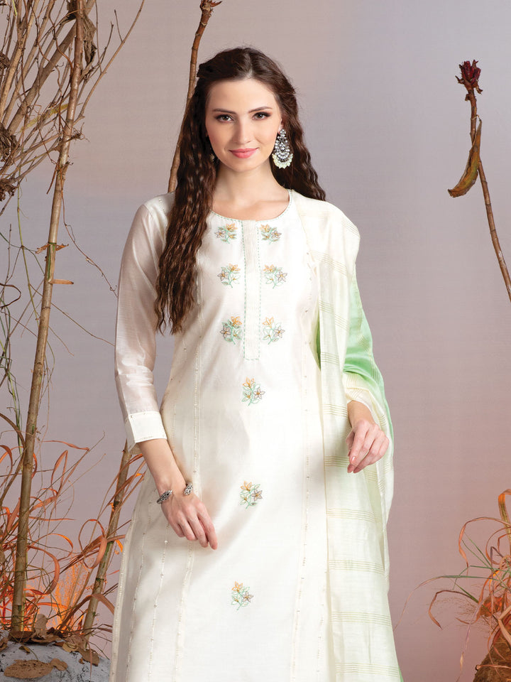 Cream Chanderi Embroidered Kurta Set