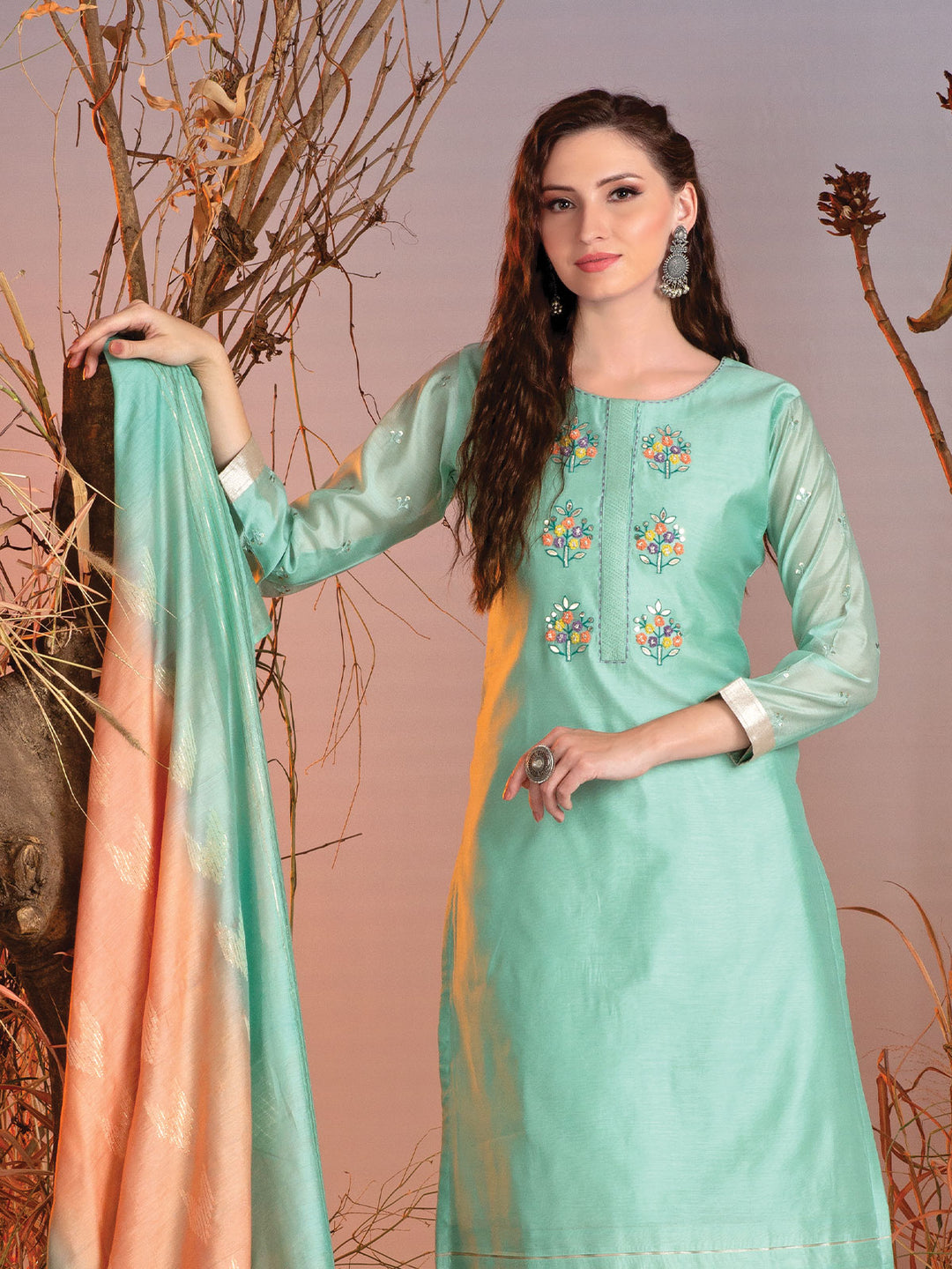 Green Chanderi Embroidered Kurta Set