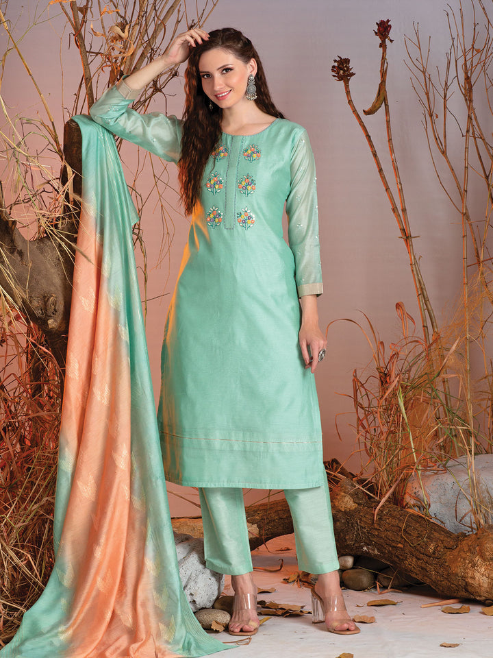 Green Chanderi Embroidered Kurta Set