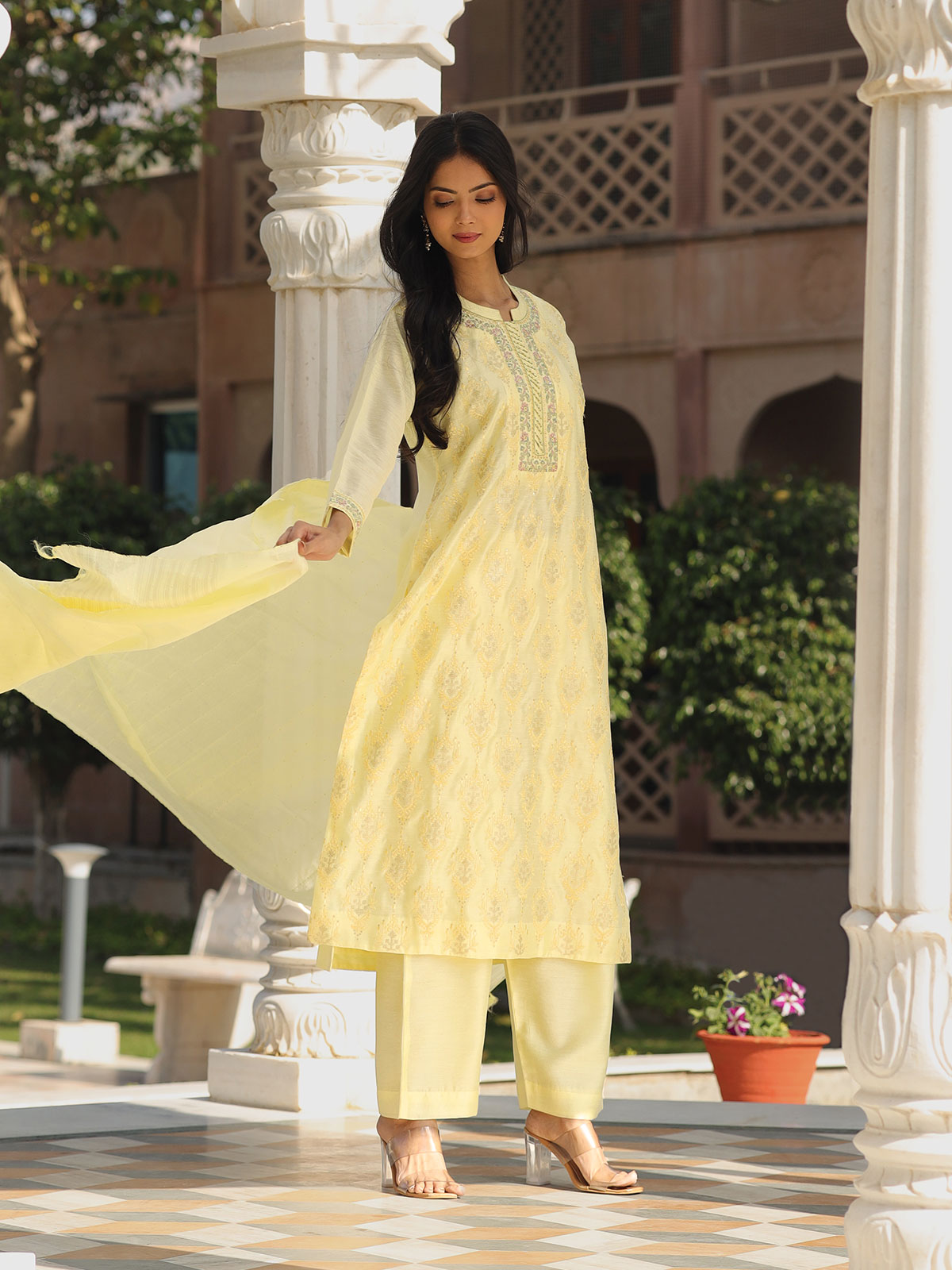 Yellow Embroidered Rayon A-line Solid Long Kurti With Palazzo/Pant White  Trouser | eBay
