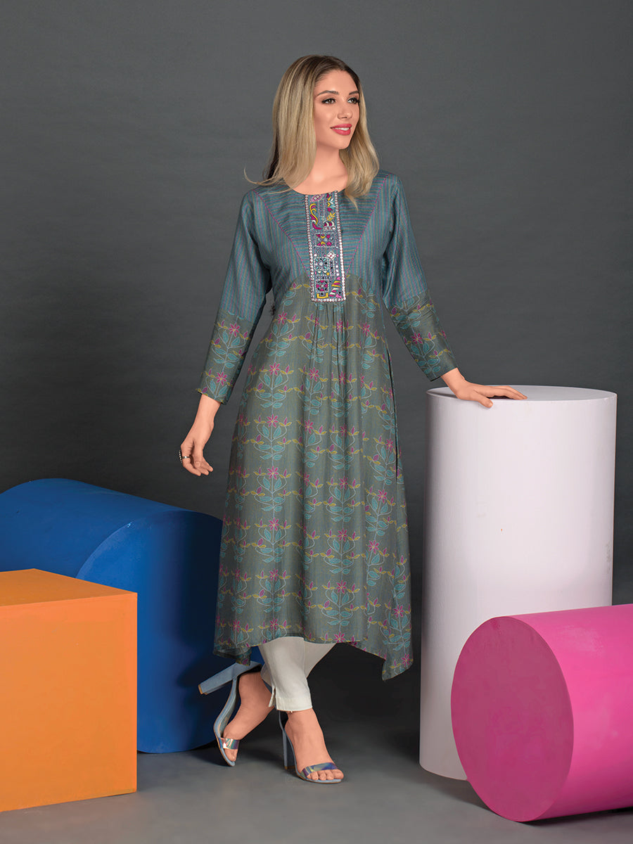 Blue Printed Tunic with Embroidery - Dressline Fashion