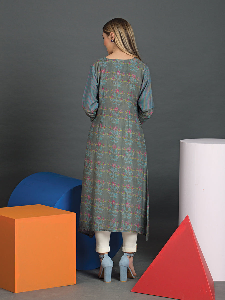 Blue Printed Tunic with Embroidery - Dressline Fashion
