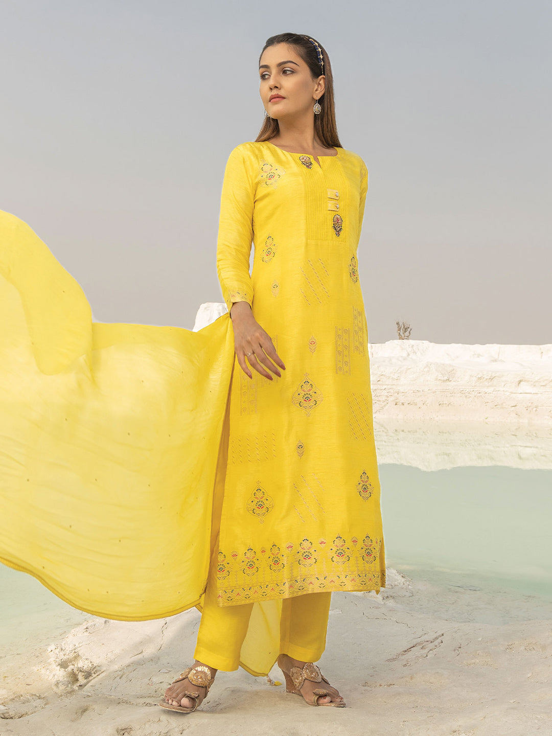 Jacquard Silk Kurta Set with Dupatta-Lemon Yellow