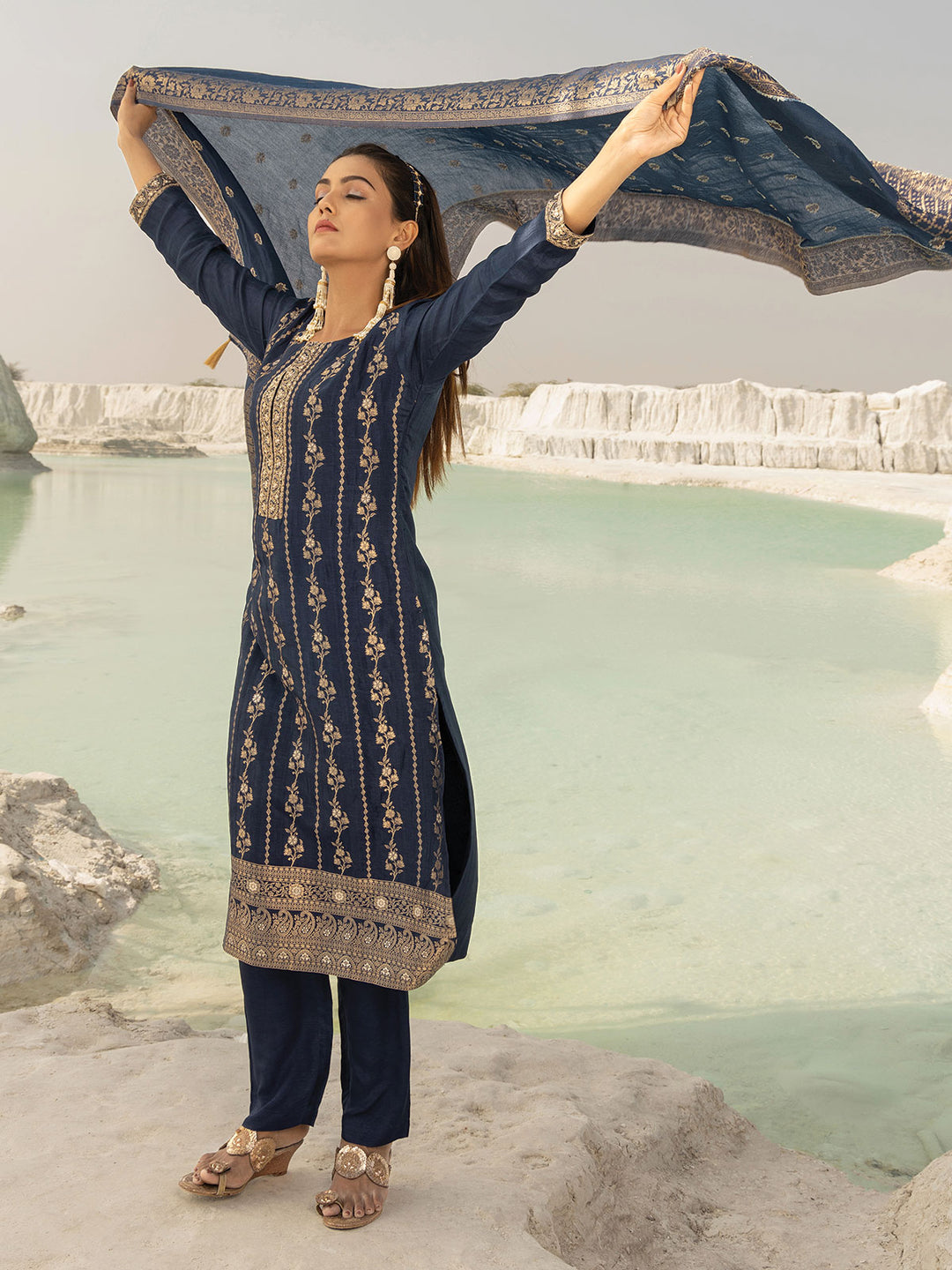 Jacquard Silk Kurta Set with Dupatta-Navy Blue