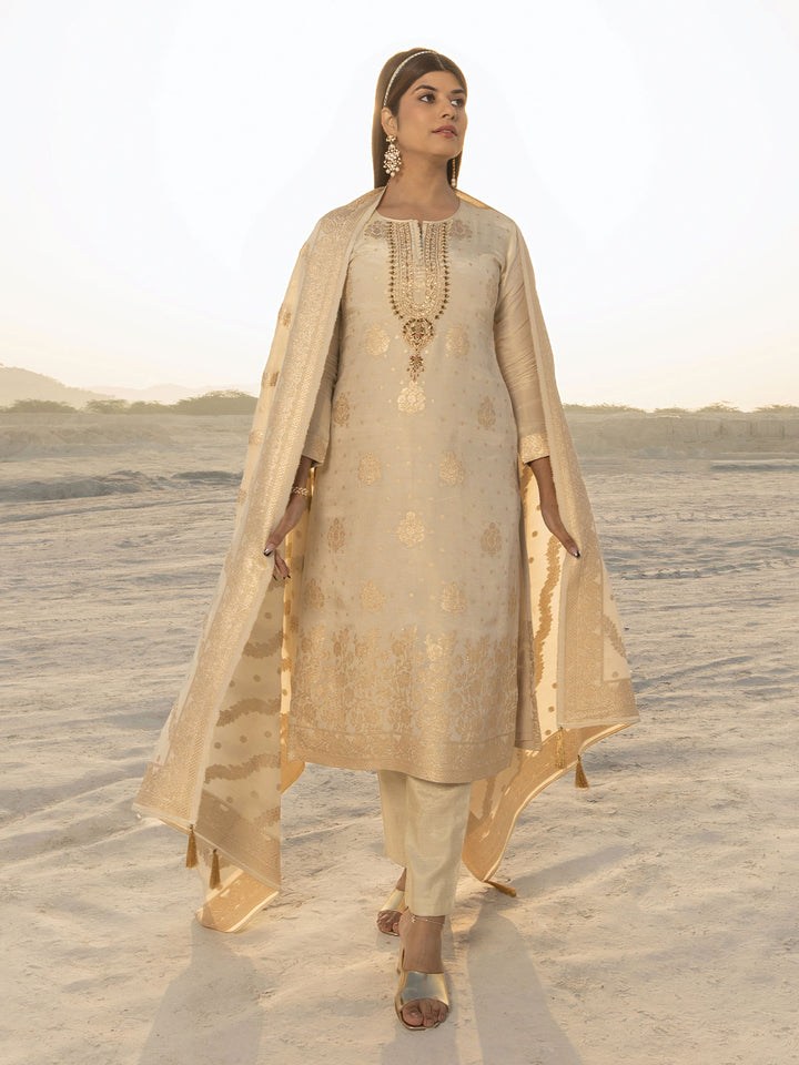 Jacquard Silk Kurta Set with Dupatta-Cream