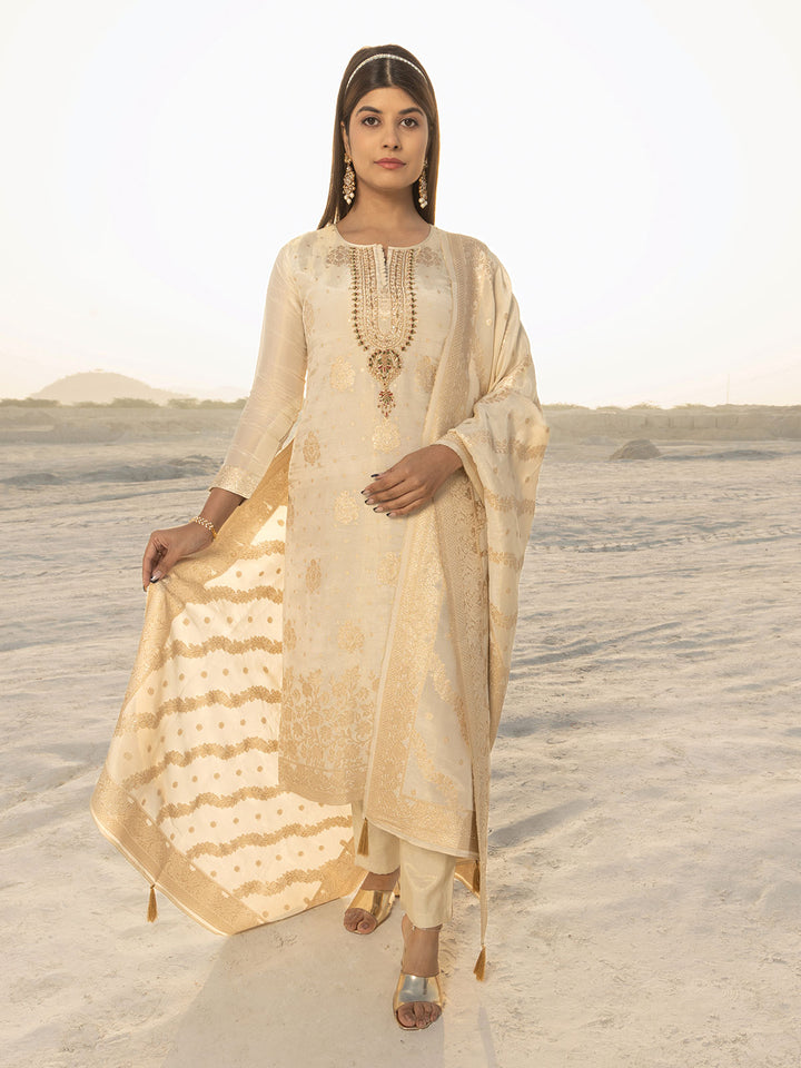 Jacquard Silk Kurta Set with Dupatta-Cream