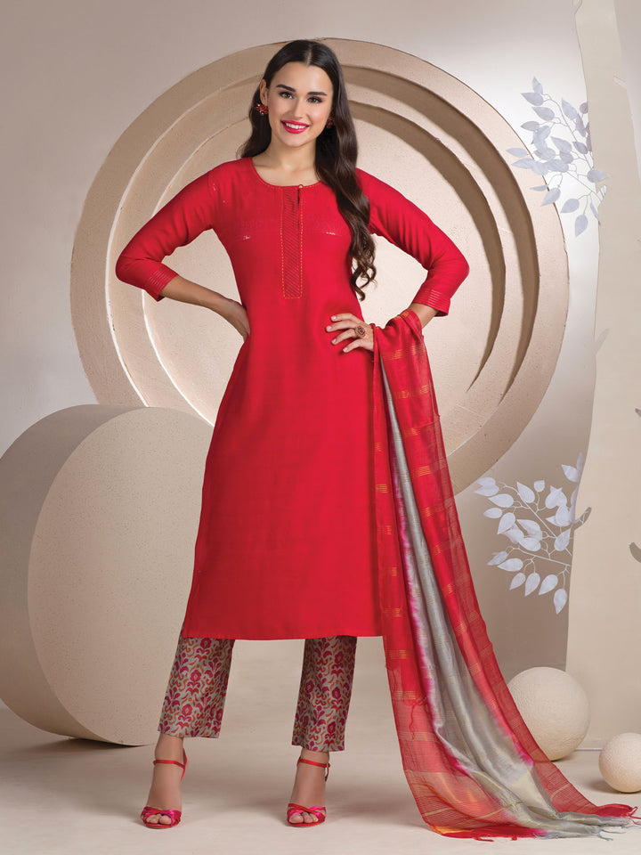 Red Embroidered Kurta Set