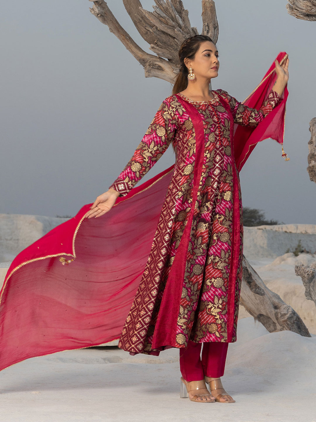 Red & Pink Shaded Anarkali Set with Dupatta