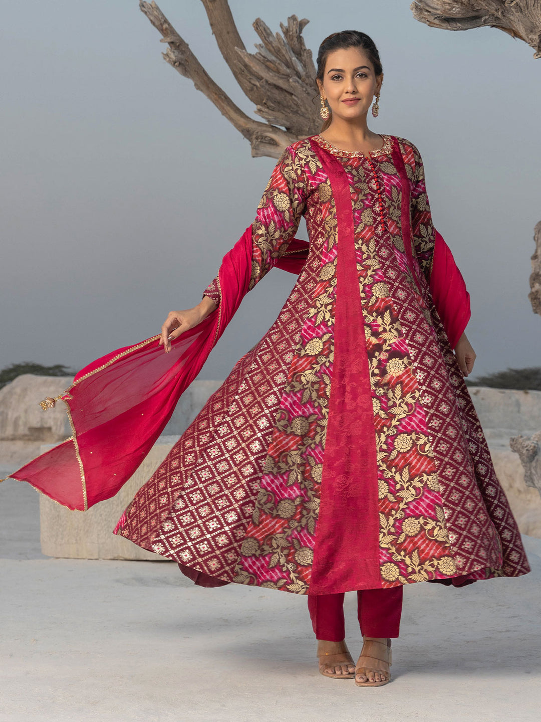 Red & Pink Shaded Anarkali Set with Dupatta