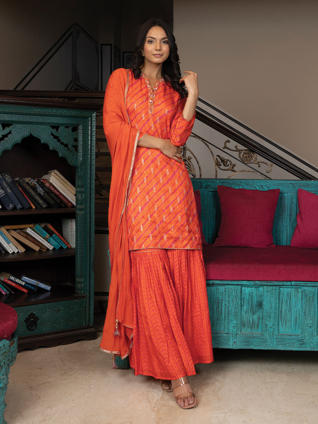 Orange Jacquard Sharara Set with Dupatta