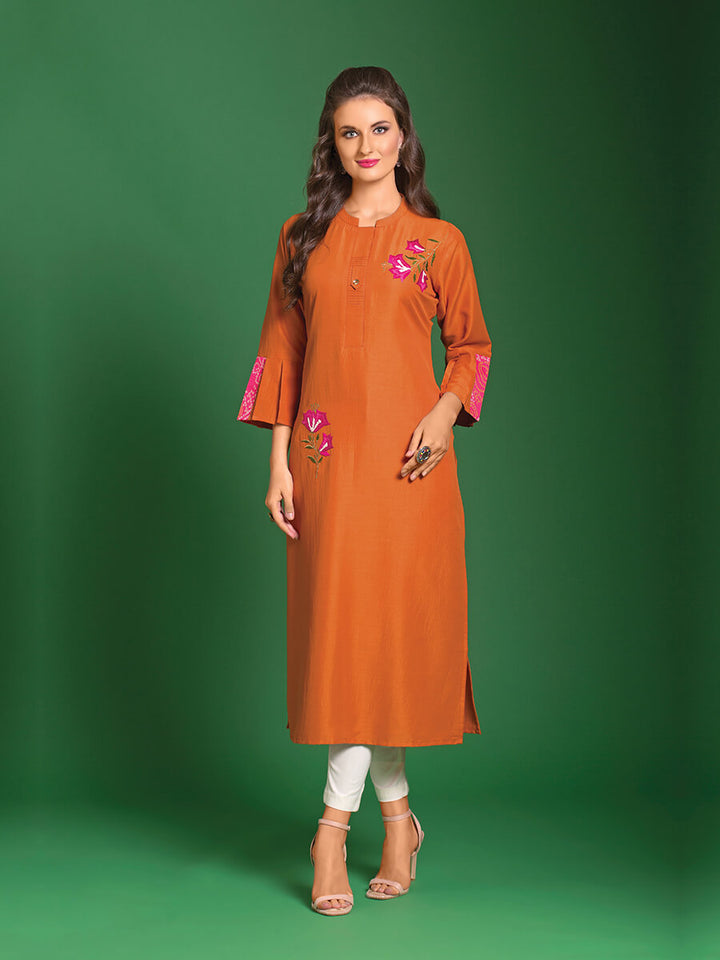 Orange Embroidered Straight Tunic