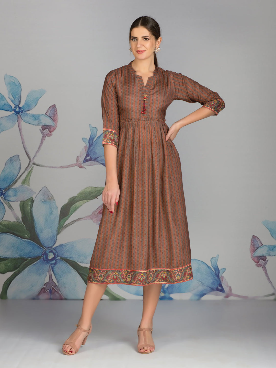 Brown Printed Midi Dress