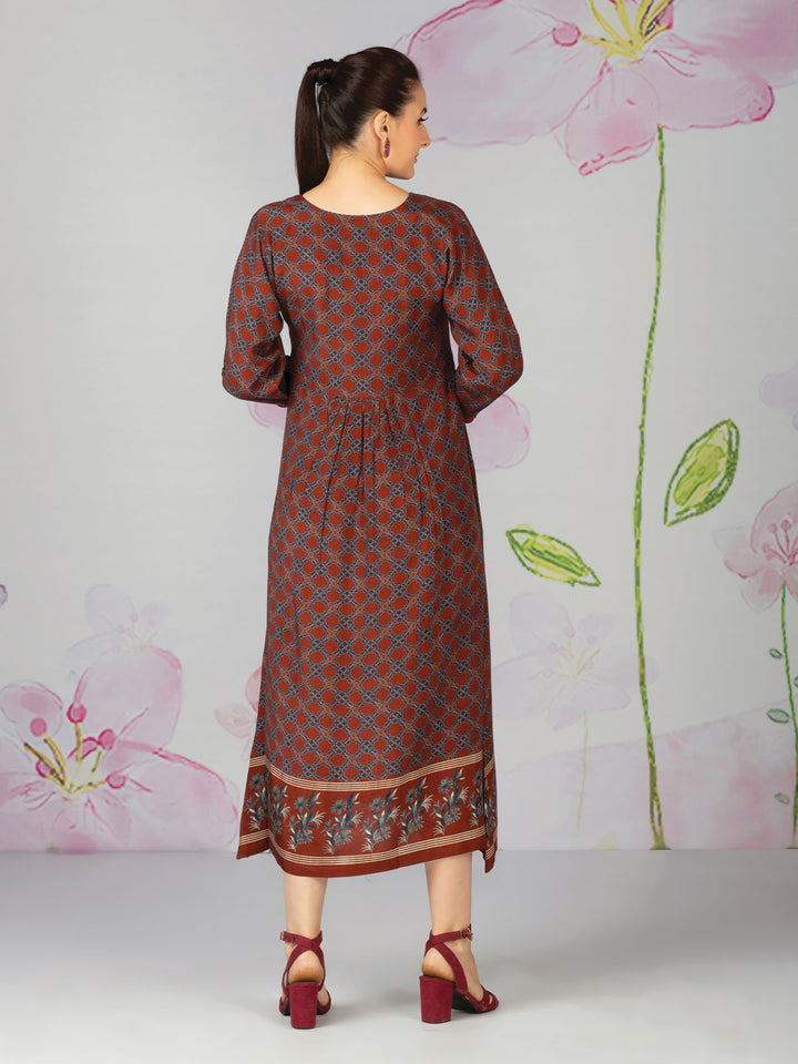 Brown Midi Dress with Print