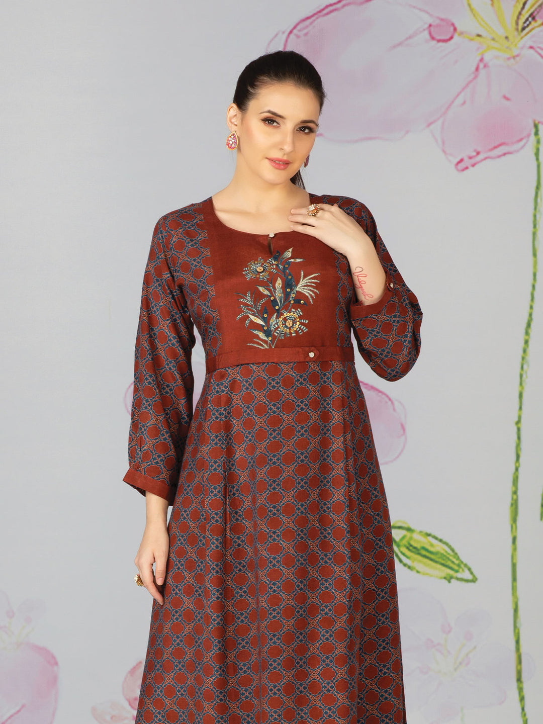 Brown Midi Dress with Print