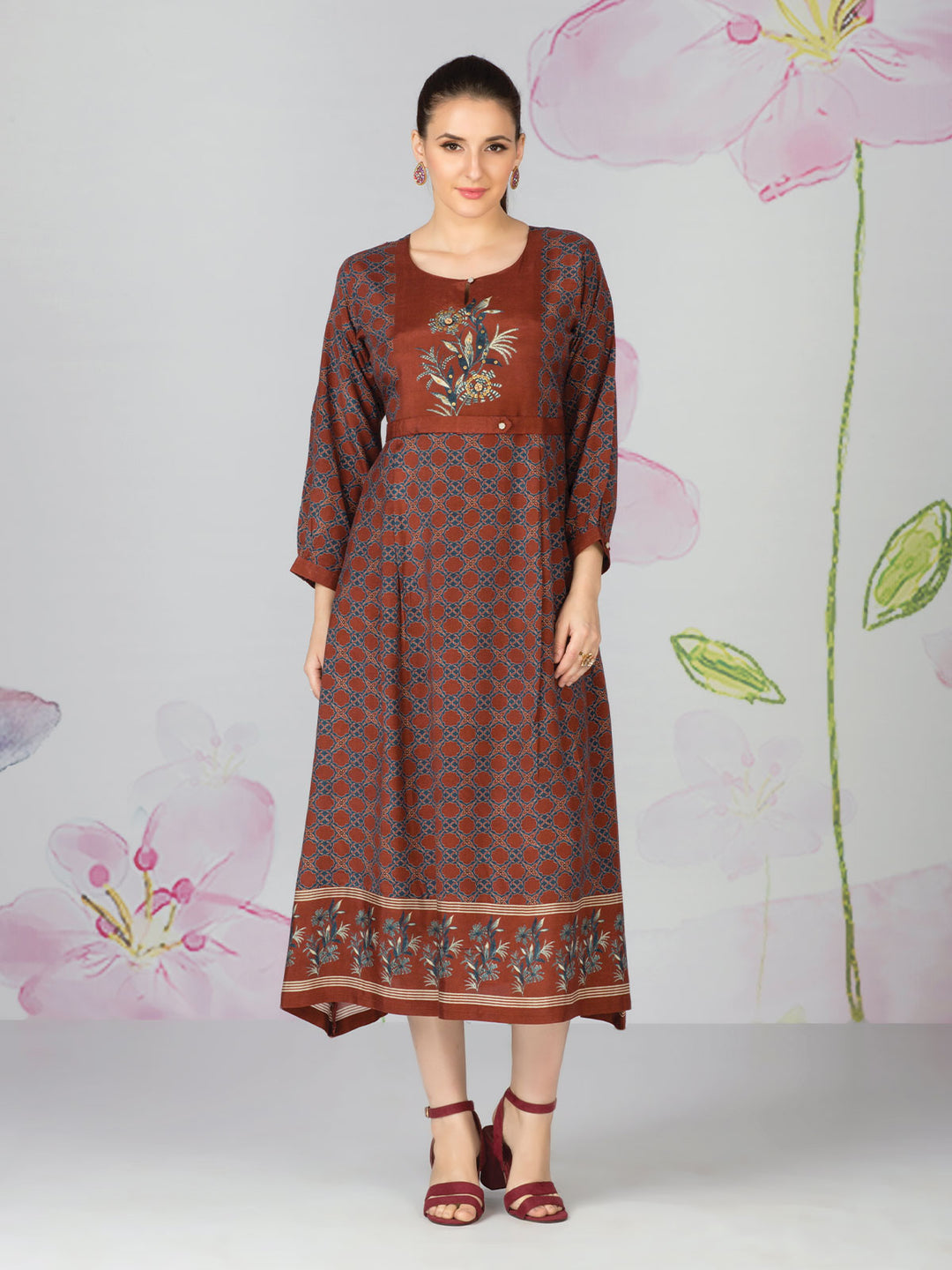 Brown Midi Dress with Print