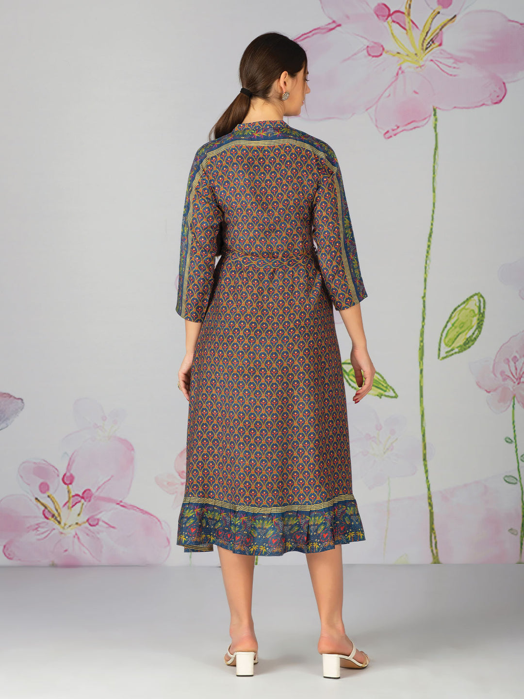 Floral Print Midi Dress with Belt