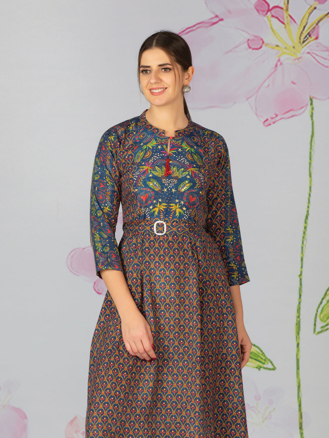 Floral Print Midi Dress with Belt