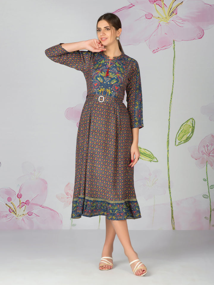 Floral Print Midi Dress with Belt
