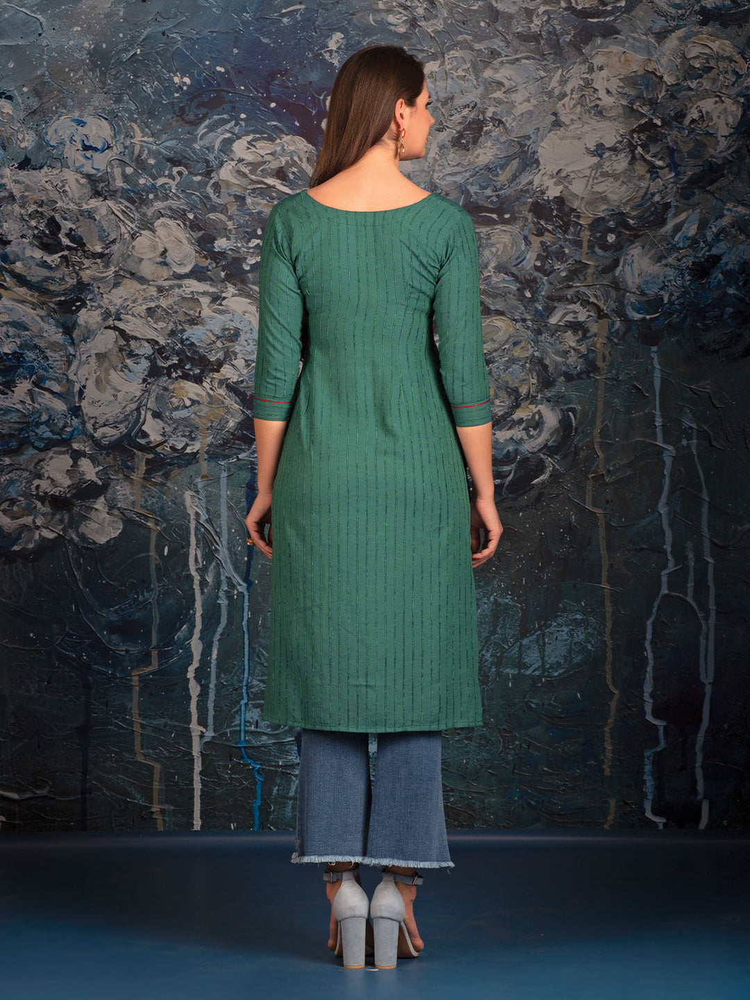 Green Woven Stripe Tunic with Embroidery