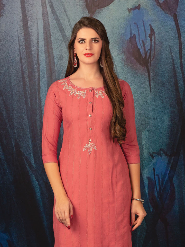 Peach Woven Stipe Tunic with Embroidery