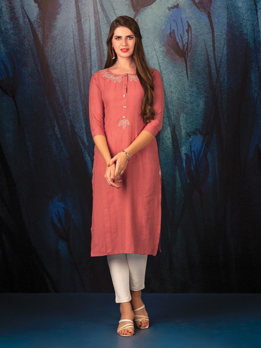 Peach Woven Stipe Tunic with Embroidery