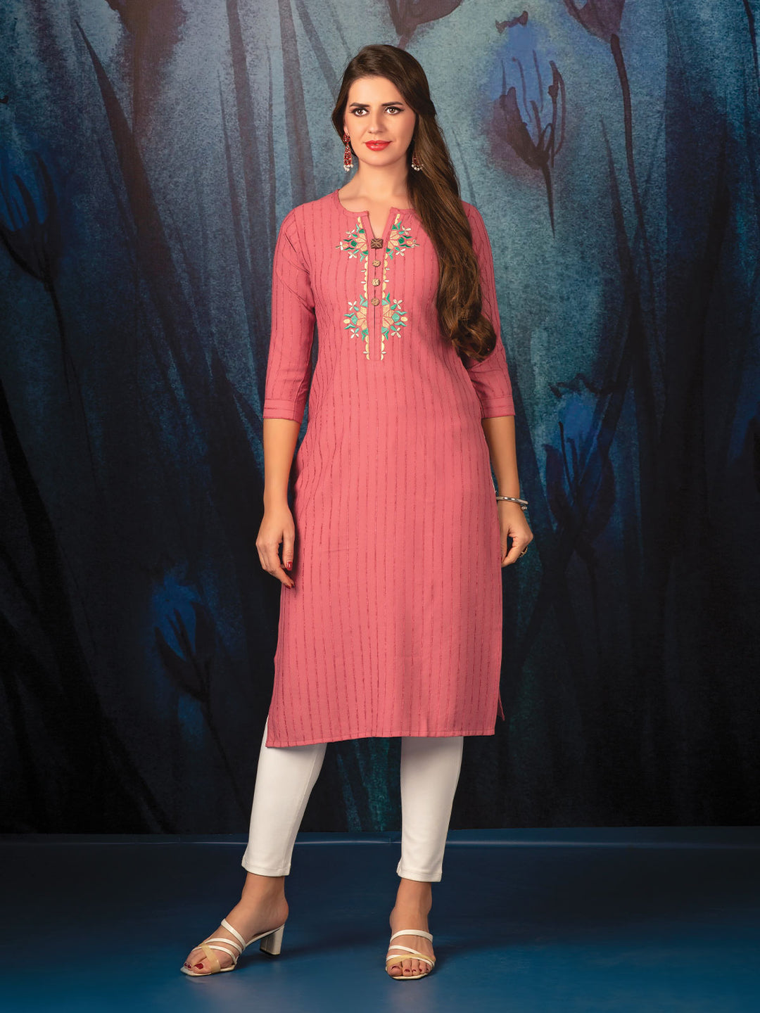 Pink Woven Stripe Tunic with Embroidery