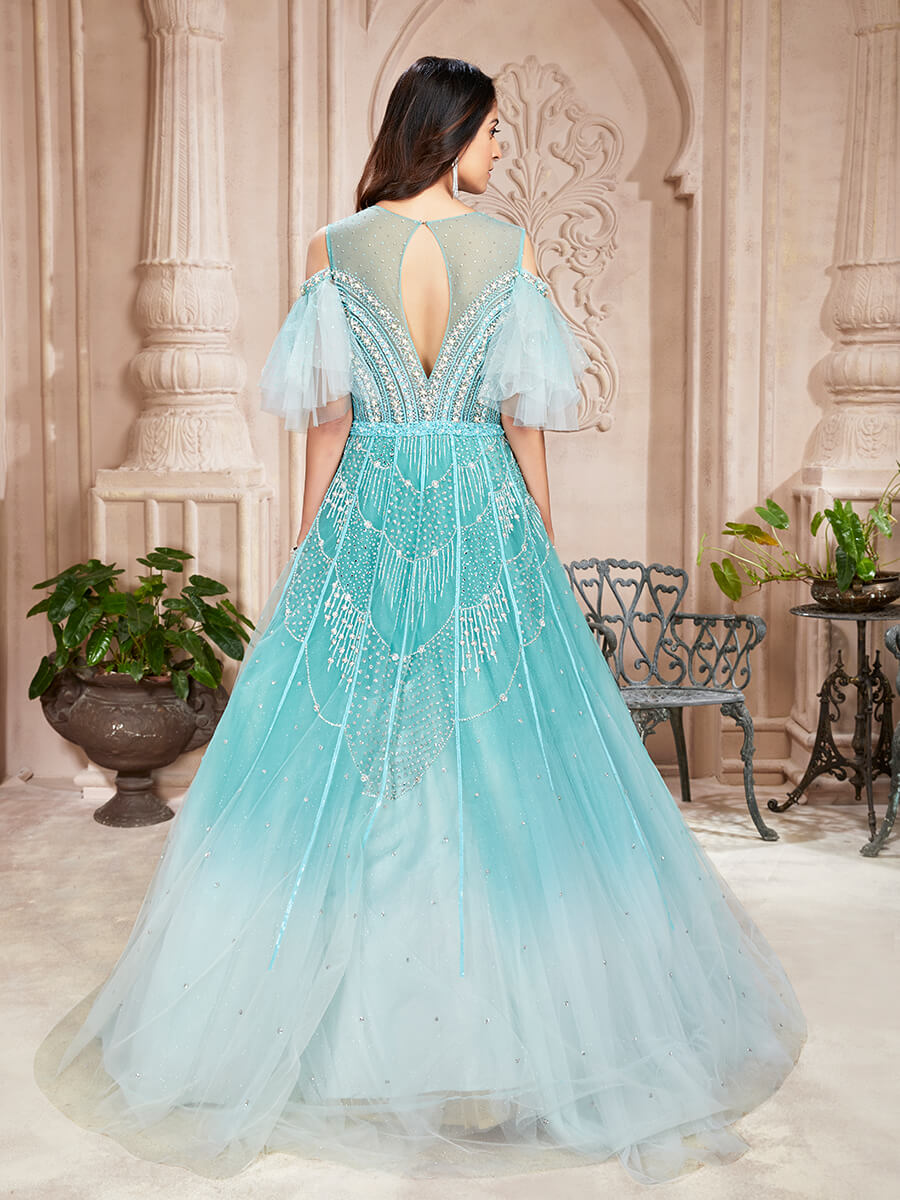 Light Blue Net Readymade Indowestern Gown For Wedding 3FD3759112