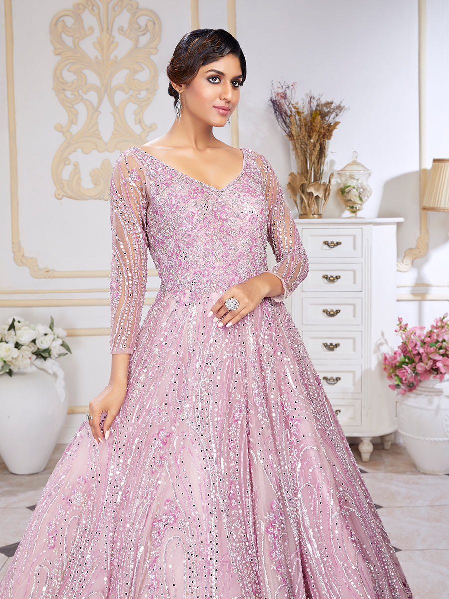 Light Pink Rose Flower Printed Readymade Gown