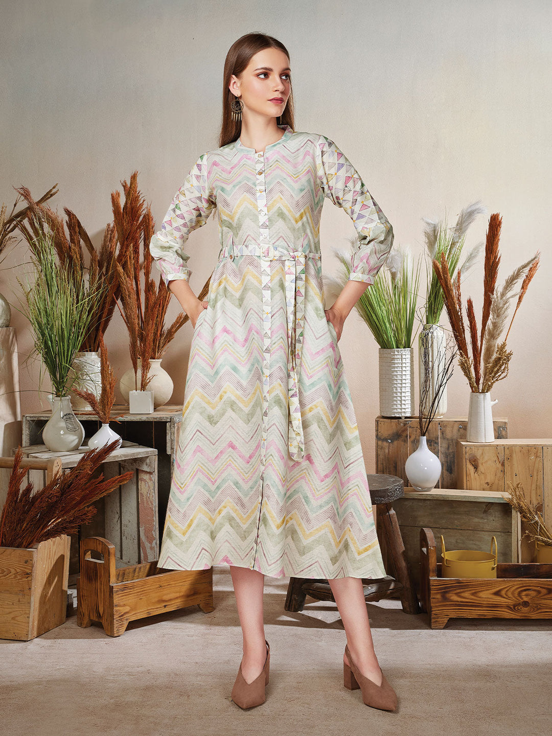 Geometric Print Linen Midi-Dress