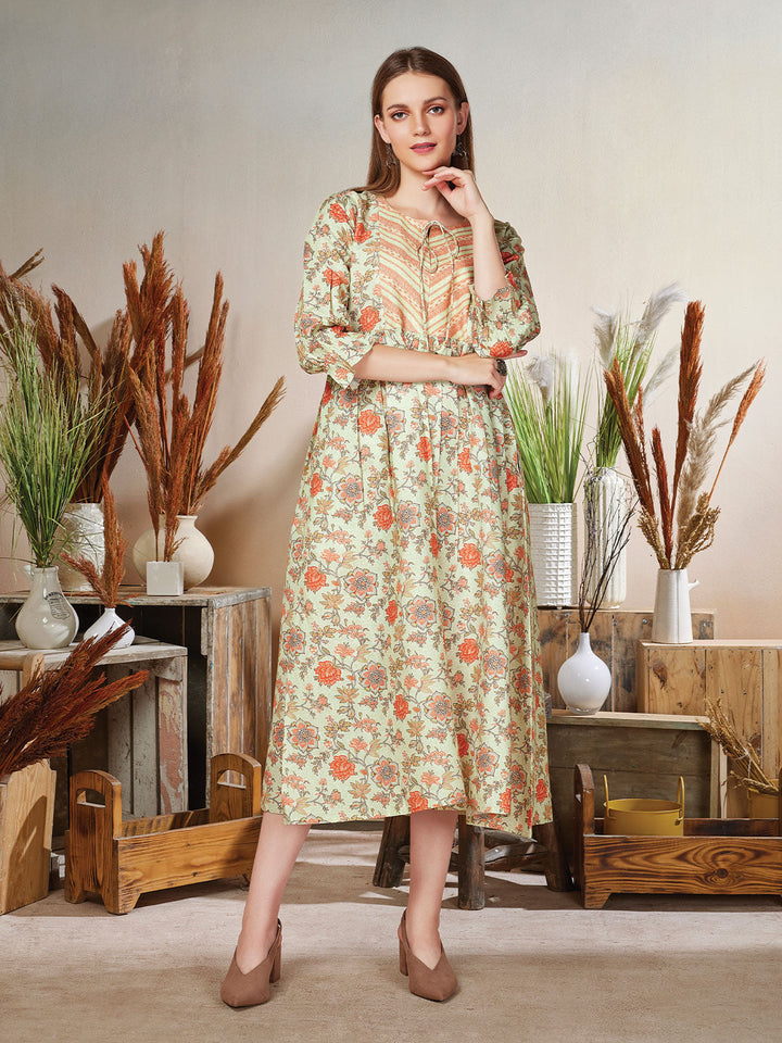 Floral Print Linen Midi-Dress