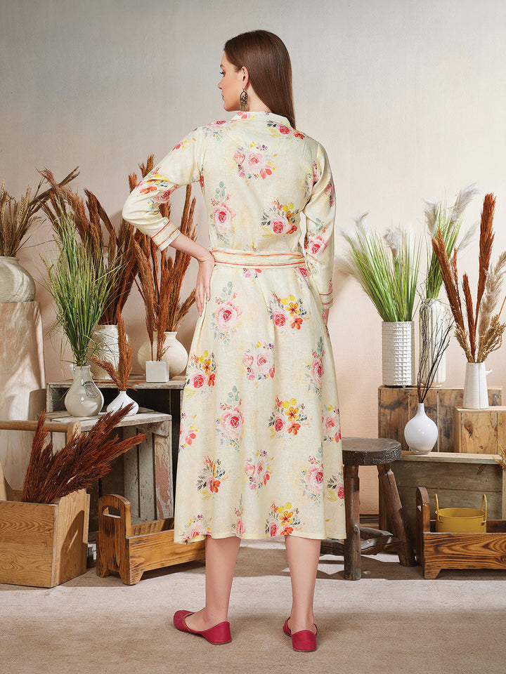 Floral Print Linen Midi-Dress