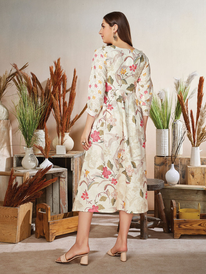 Cream Floral Linen Midi-Dress
