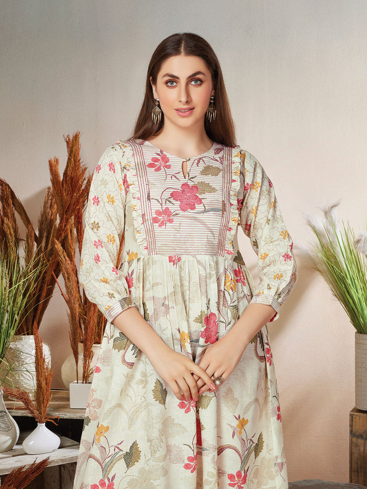 Cream Floral Linen Midi-Dress