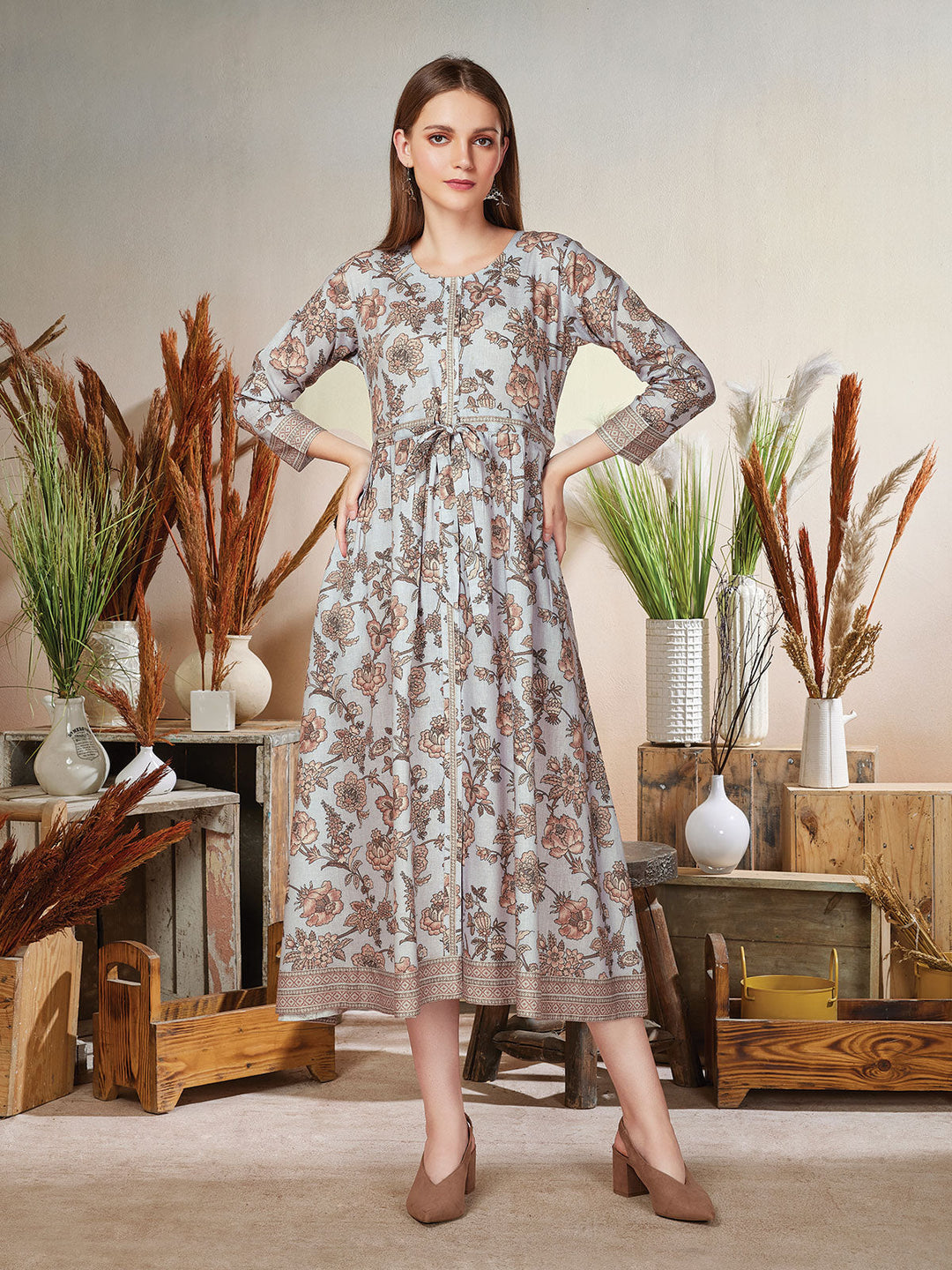 Grey Floral Print Linen Midi-Dress