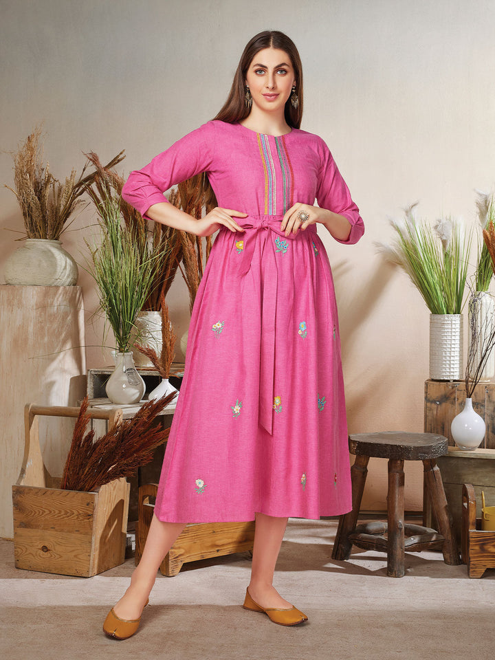 Pink Linen Midi-Dress