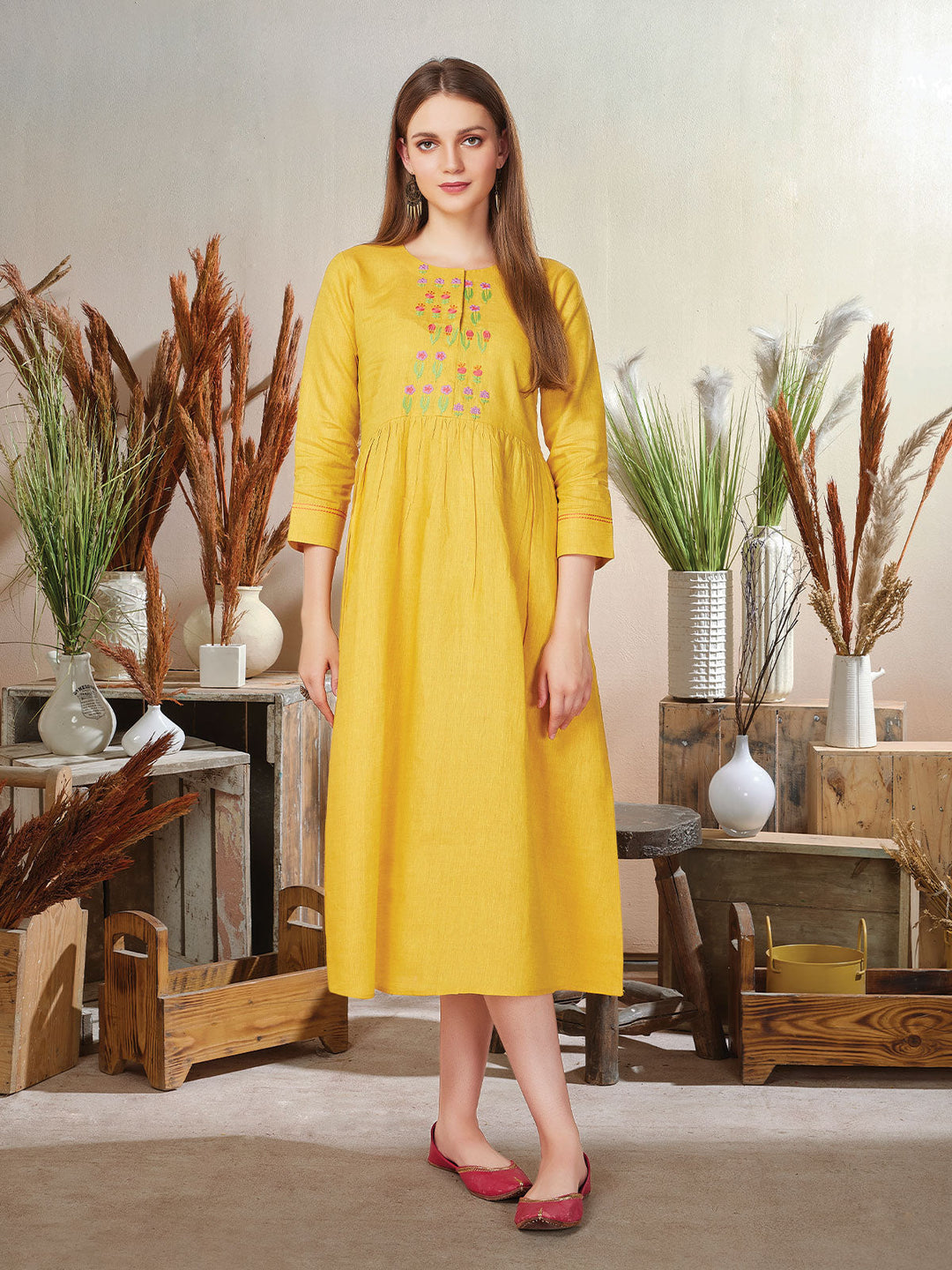 Yellow Linen Midi-Dress